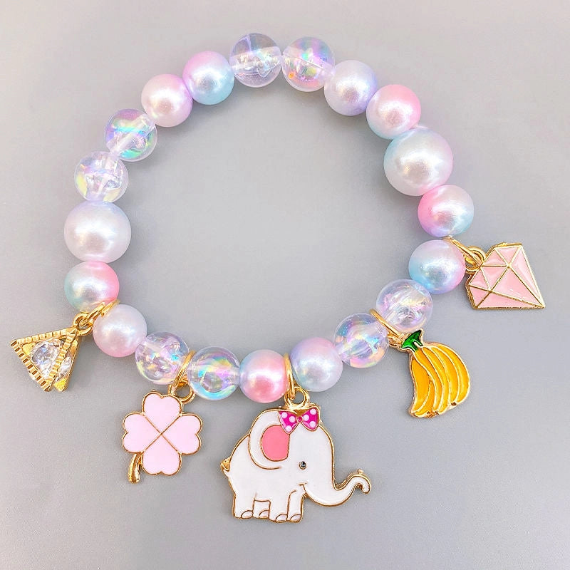 Colorful Pearls Beaded Bracelets for Girls Cute Cartoon Fruit Flower Heart Pendant Charm Bracelet Party Jewelry Kids Birthday Gift