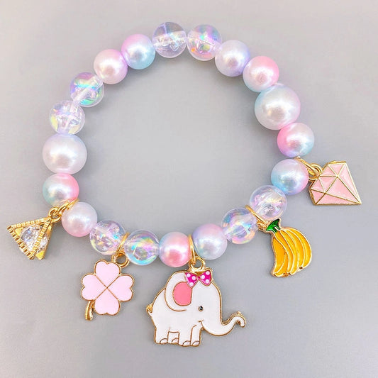 Colorful Pearls Beaded Bracelets for Girls Cute Cartoon Fruit Flower Heart Pendant Charm Bracelet Party Jewelry Kids Birthday Gift