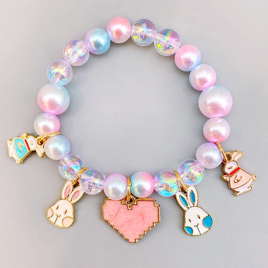 Colorful Pearls Beaded Bracelets for Girls Cute Cartoon Fruit Flower Heart Pendant Charm Bracelet Party Jewelry Kids Birthday Gift