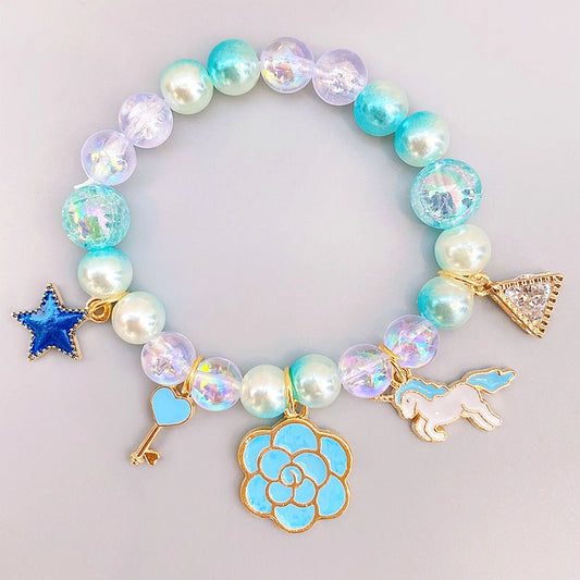 Colorful Pearls Beaded Bracelets for Girls Cute Cartoon Fruit Flower Heart Pendant Charm Bracelet Party Jewelry Kids Birthday Gift