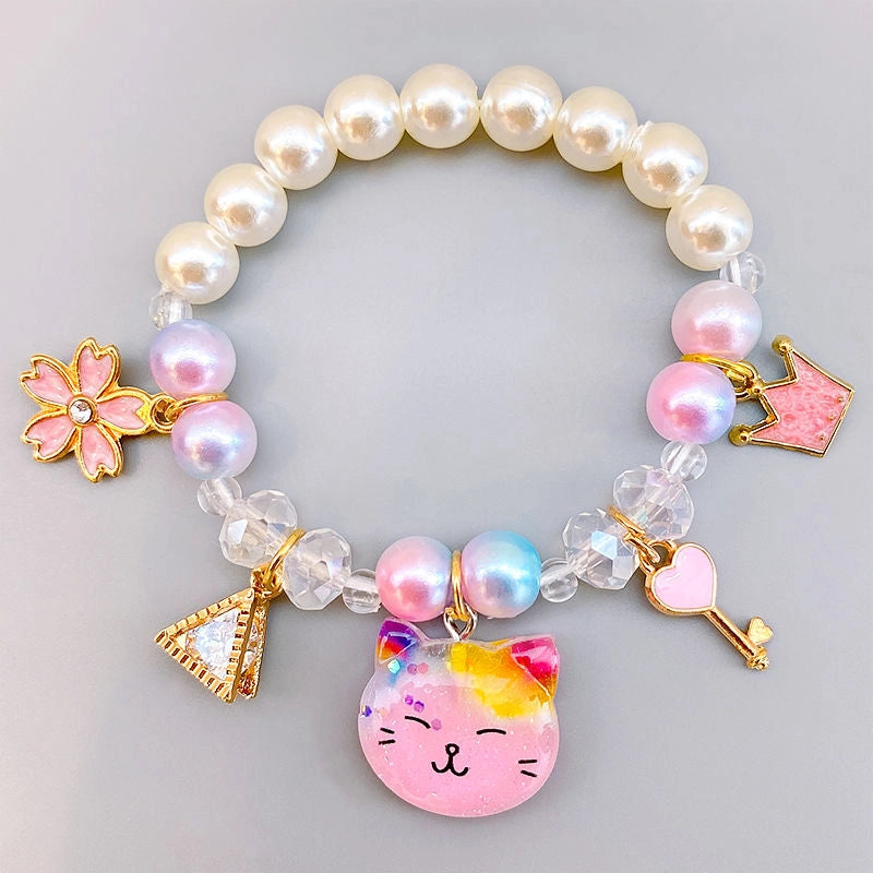 Colorful Pearls Beaded Bracelets for Girls Cute Cartoon Fruit Flower Heart Pendant Charm Bracelet Party Jewelry Kids Birthday Gift