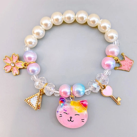 Colorful Pearls Beaded Bracelets for Girls Cute Cartoon Fruit Flower Heart Pendant Charm Bracelet Party Jewelry Kids Birthday Gift