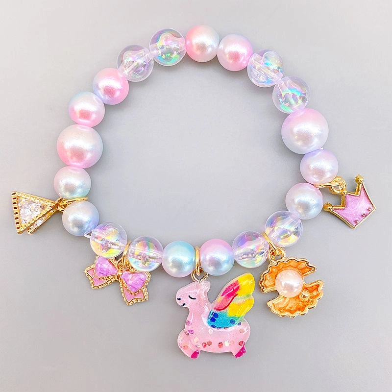 Colorful Pearls Beaded Bracelets for Girls Cute Cartoon Fruit Flower Heart Pendant Charm Bracelet Party Jewelry Kids Birthday Gift