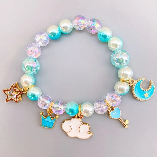 Colorful Pearls Beaded Bracelets for Girls Cute Cartoon Fruit Flower Heart Pendant Charm Bracelet Party Jewelry Kids Birthday Gift