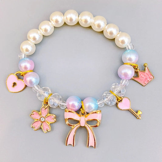 Colorful Pearls Beaded Bracelets for Girls Cute Cartoon Fruit Flower Heart Pendant Charm Bracelet Party Jewelry Kids Birthday Gift