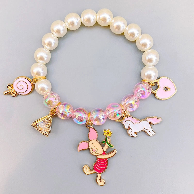 Colorful Pearls Beaded Bracelets for Girls Cute Cartoon Fruit Flower Heart Pendant Charm Bracelet Party Jewelry Kids Birthday Gift