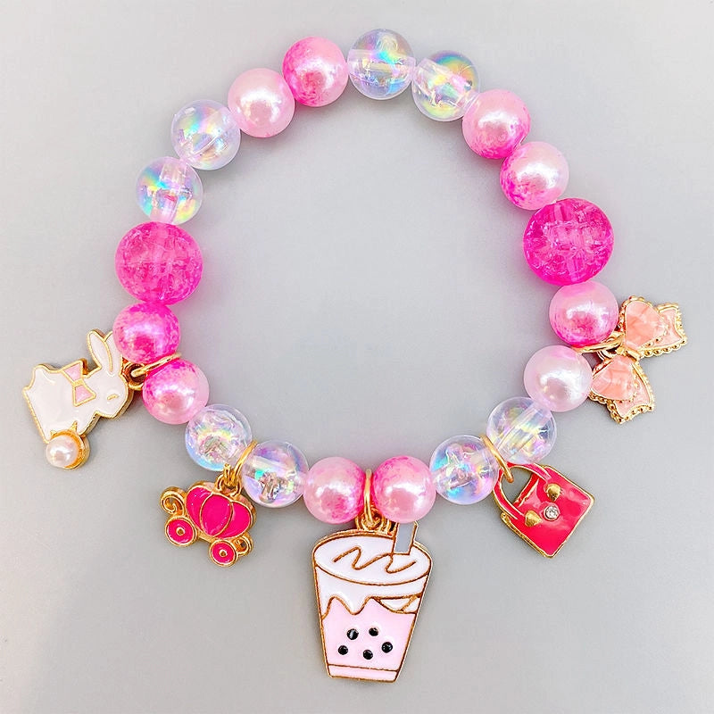 Colorful Pearls Beaded Bracelets for Girls Cute Cartoon Fruit Flower Heart Pendant Charm Bracelet Party Jewelry Kids Birthday Gift