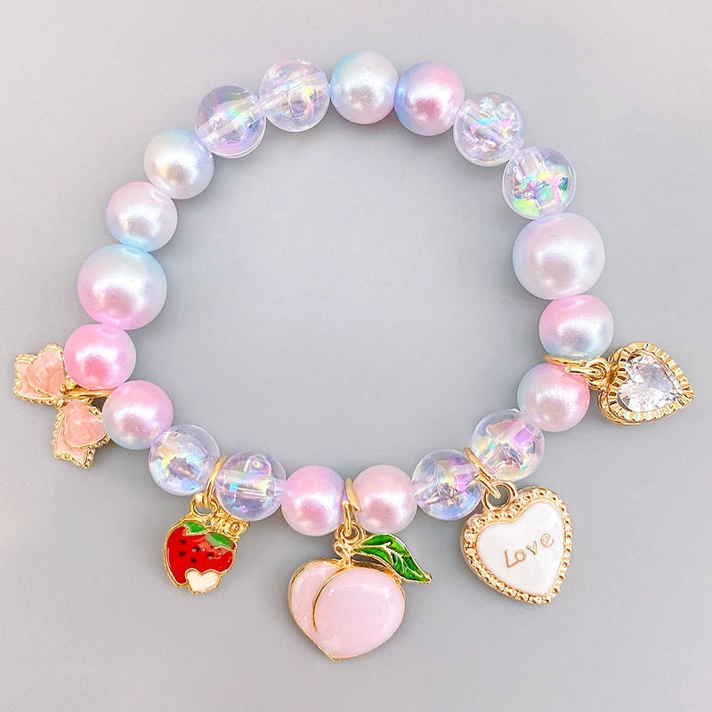 Colorful Pearls Beaded Bracelets for Girls Cute Cartoon Fruit Flower Heart Pendant Charm Bracelet Party Jewelry Kids Birthday Gift