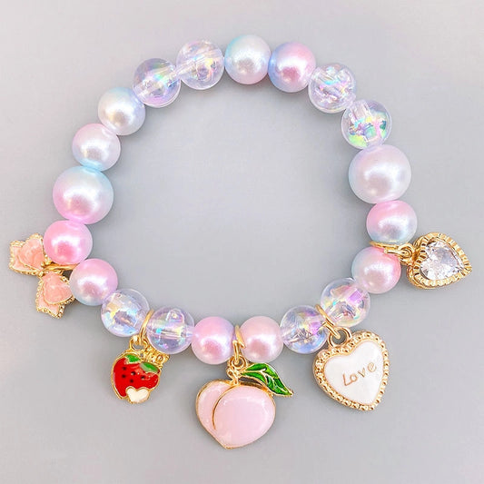 Colorful Pearls Beaded Bracelets for Girls Cute Cartoon Fruit Flower Heart Pendant Charm Bracelet Party Jewelry Kids Birthday Gift