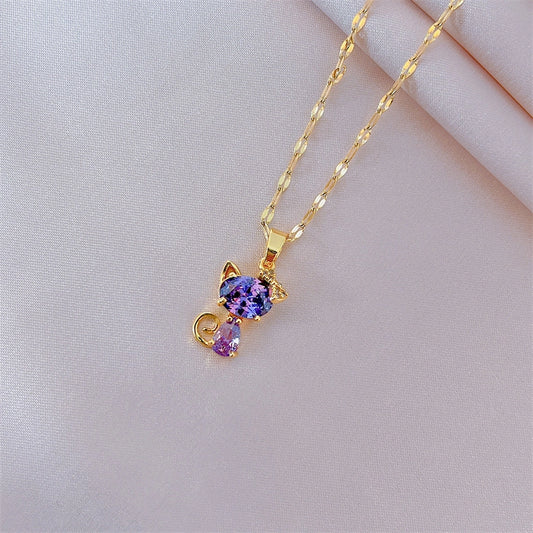 Cute Cat Titanium Steel Inlay Zircon Necklace