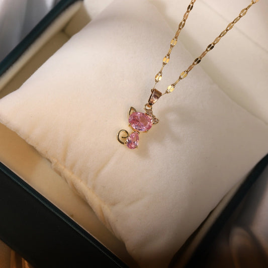 Cute Cat Titanium Steel Inlay Zircon Necklace