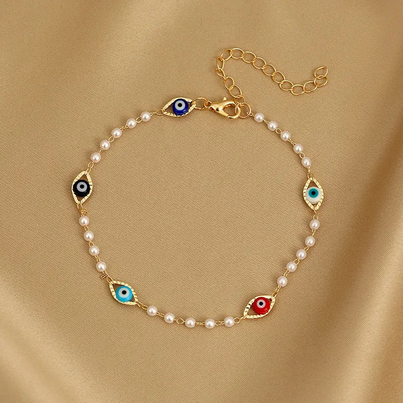 Elegant Devil's Eye Copper Inlay Artificial Pearls Women's Bracelets Anklet Necklace 1 Piece