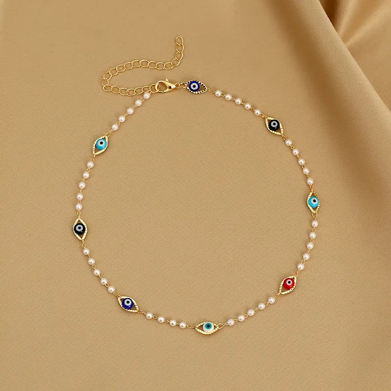 Elegant Devil's Eye Copper Inlay Artificial Pearls Women's Bracelets Anklet Necklace 1 Piece