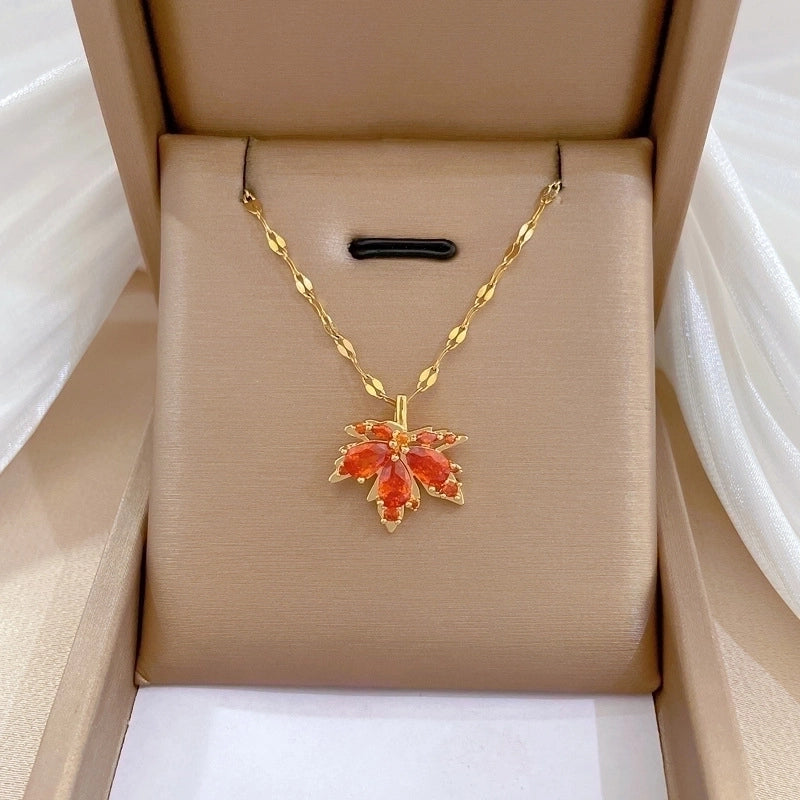 Stainless Steel Red Maple Leaf Crystal Pendant Necklace For Women