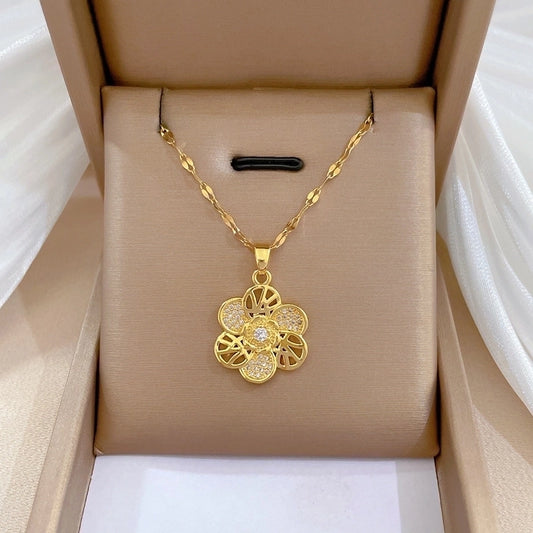 L Stainless Steel Necklace Rotating Golden Flowers Pendant