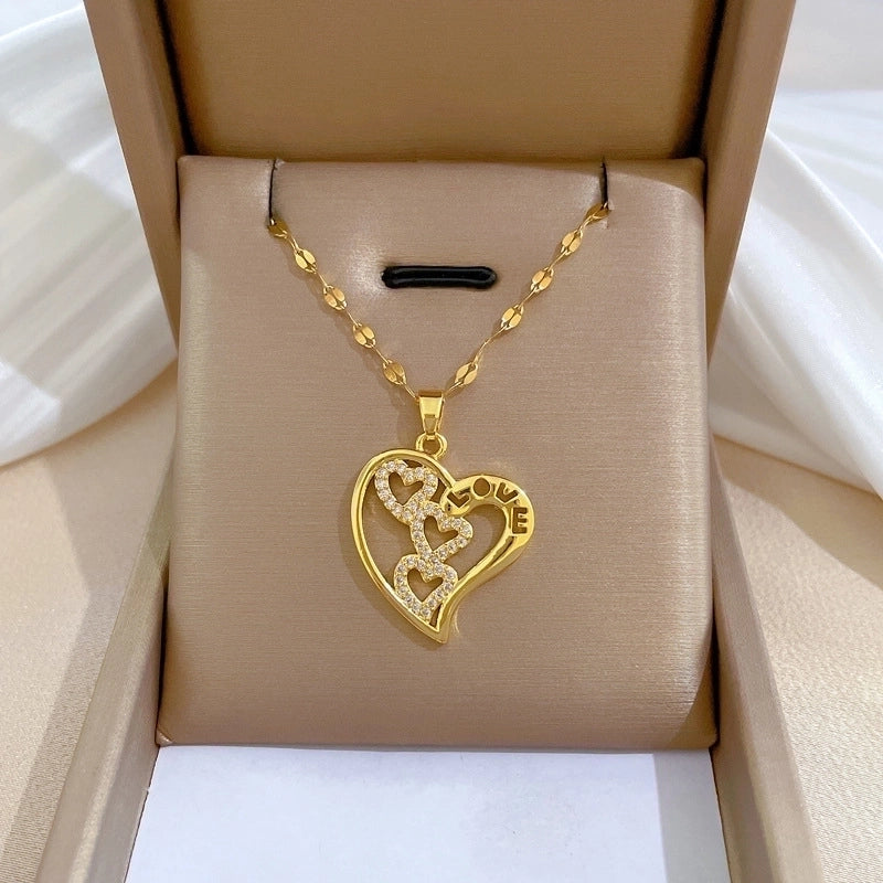 Fashionable Double Heart Golden Pendant Necklace