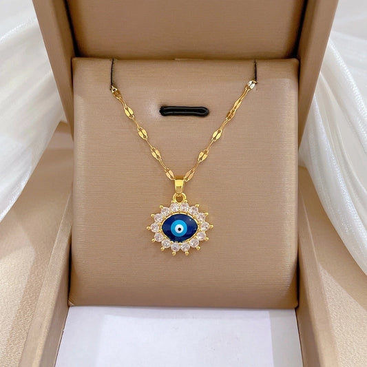 Cubic Zircon Hamsa Evil Blue Eye Stainless Steel Necklace Turkish Eye