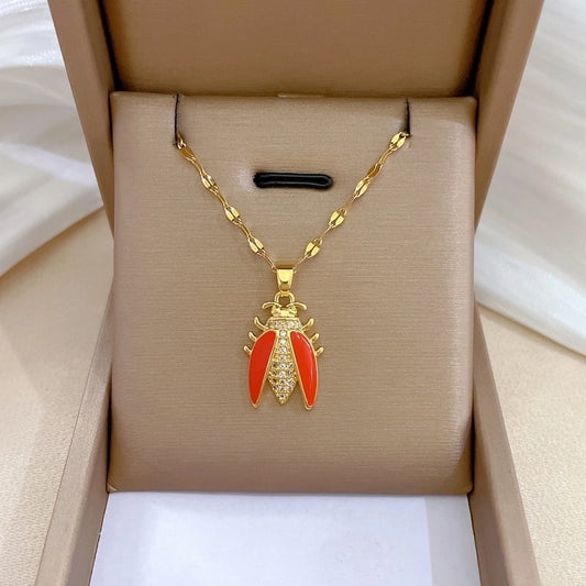 Vintage Titanium Steel Insect Cicada Pendant Necklace Women's Necklace Gold Color Gift Red Enamel