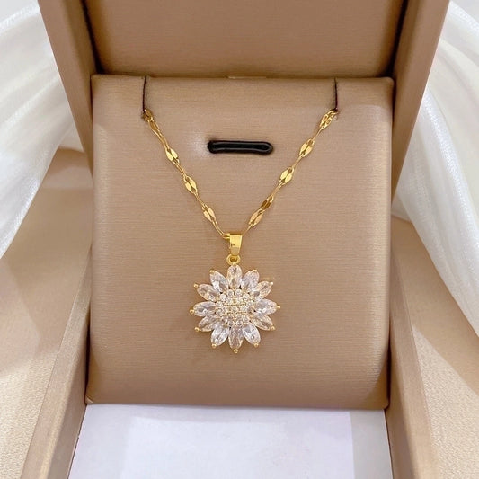 Stainless Steel Necklace for Women Sunflower Zircon Pendant Gold Accessories Elegant Birthday Jewelry Gift