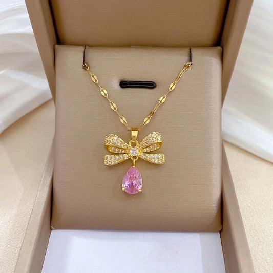 Stainless Steel Bowknot Pink Zircon Pendant Necklace For Women