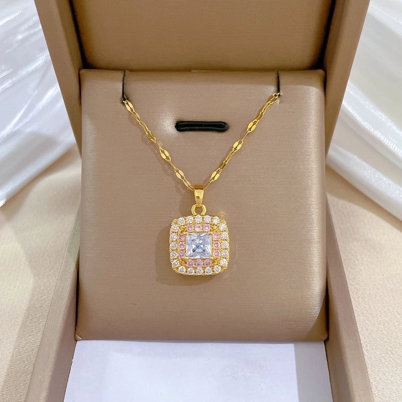 Stainless Steel Luxury Square Full Zircon Pendant Necklace For Women