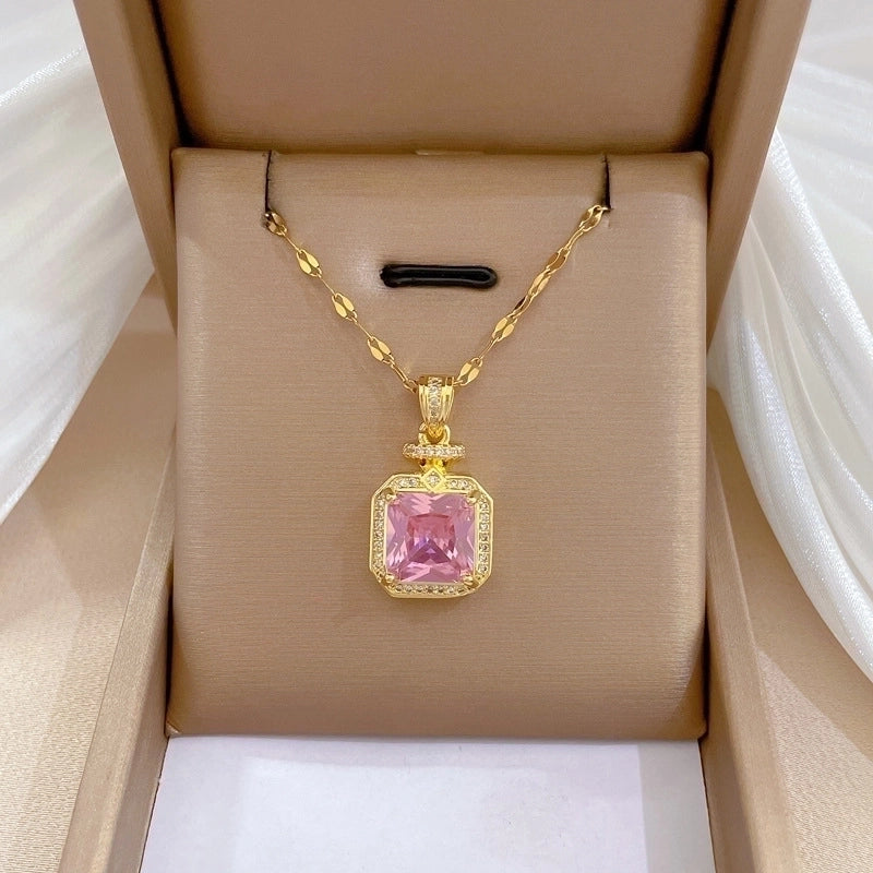 Stainless Steel Vintage Pink Crystal Pendant Necklace For Women