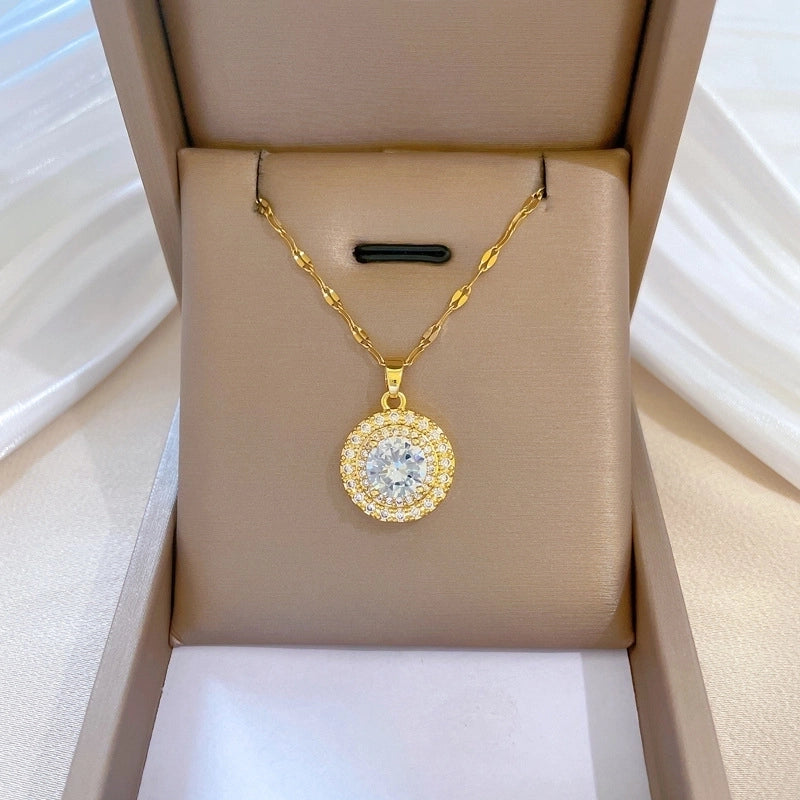 Stainless Steel Round White Blue Zircon Pendant Necklace For Women