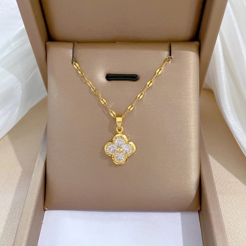 Titanium Gold Spin Flower Lucky Clover Pave C. Zirconia Pendant Chain Necklace