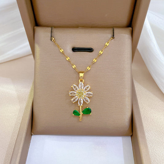 Flower Copper Inlay Zircon Pendant Necklace