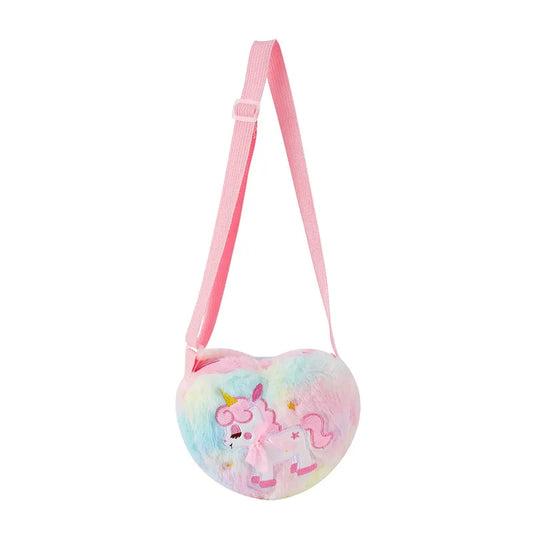 Girl's Small Plush Unicorn Cute Heart-shaped Zipper Crossbody Bag