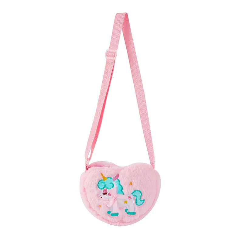 Girl's Small Plush Unicorn Cute Heart-shaped Zipper Crossbody Bag