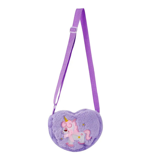 Girl's Small Plush Unicorn Cute Heart-shaped Zipper Crossbody Bag