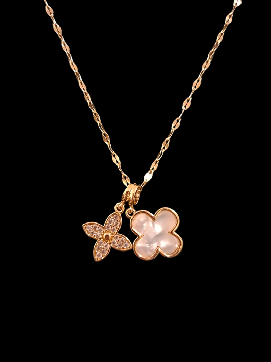 Stanley steel Pendant white & Gold Flower Clover Necklace