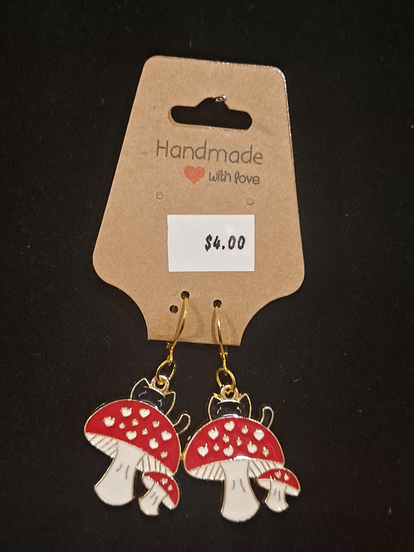 Cute kitten and red mushrooms earrings