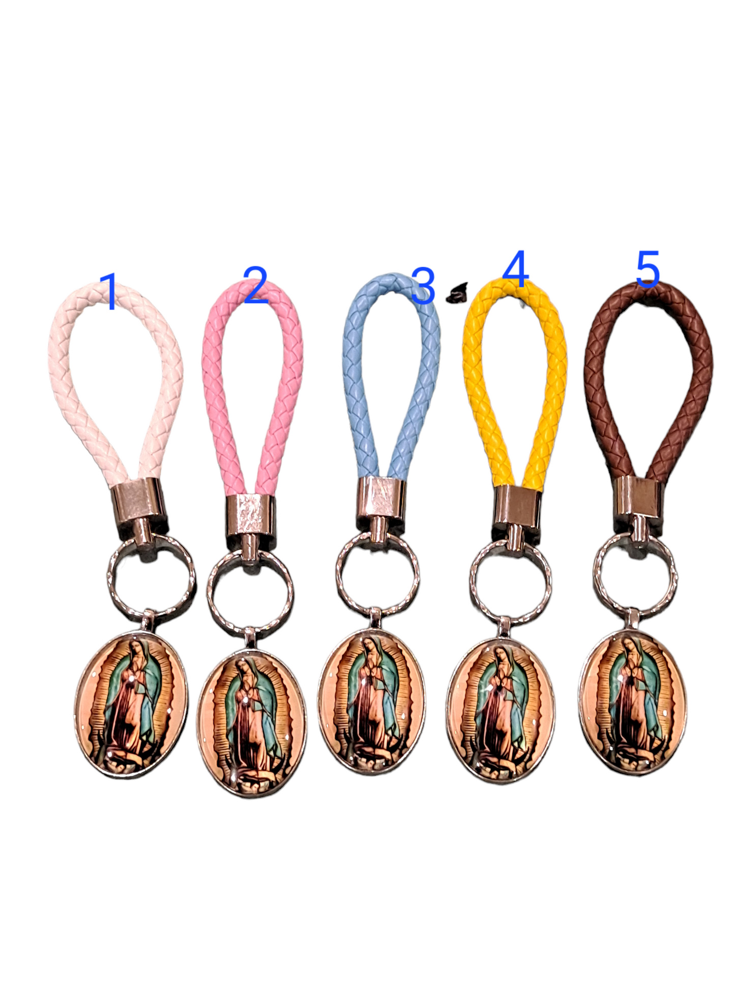 Leather braided cord virgen mary alloy keychain