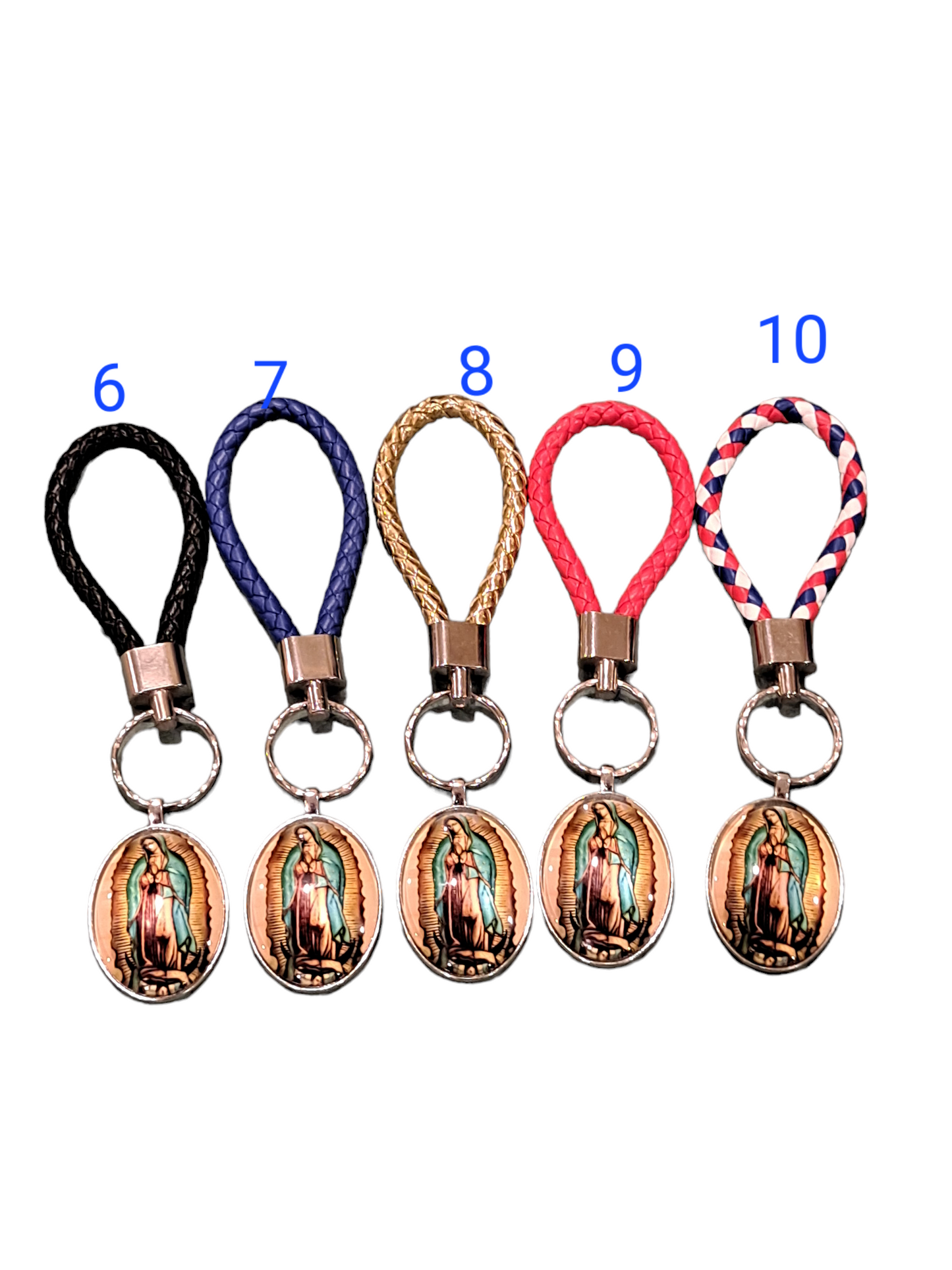 Leather braided cord virgen mary alloy keychain